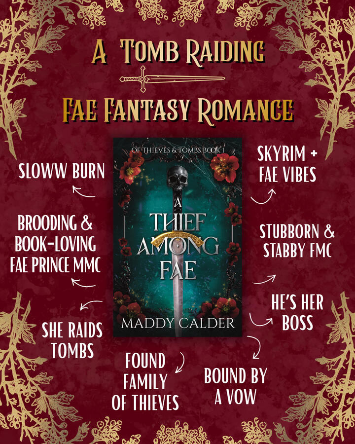 A Tomb Raiding Fantasy Romance: slow burn, he's her boss and the prince of death, he falls first, she raids tombs, everyone has powers, found family of thieves, together in book 2